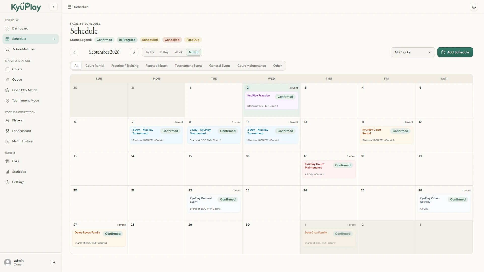 KyuPlay Schedule screen